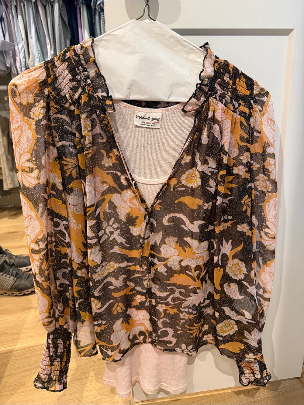 Michael Stars Pink & Mustard Floral Sheer V-Neck Blouse